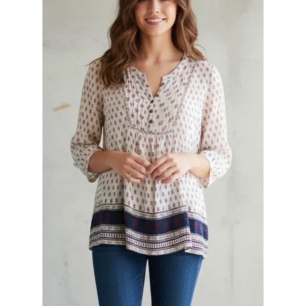 Forever 21 Boho Peasant Blouse Cream Red Floral Lace Trim Henley Top Medium